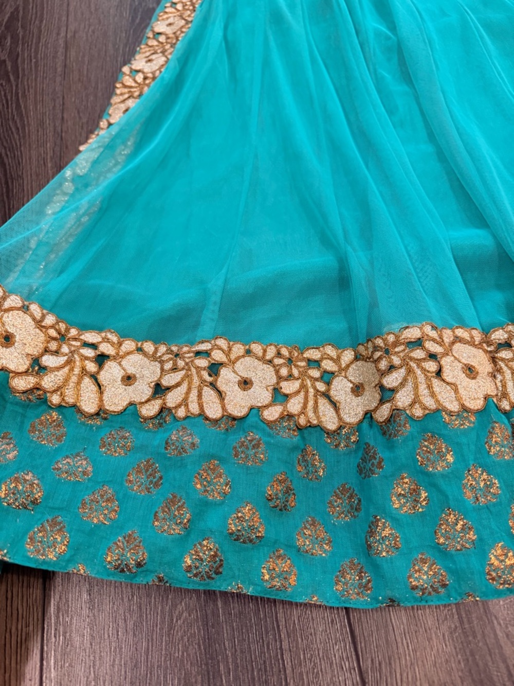 Turquoise Gold Anarkali Maxi Dress Indian Wedding Guest Bollywood Gown Medium - Picture 12 of 16